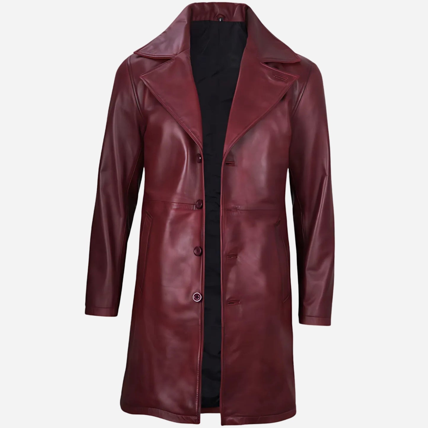 Mens Real Leather 3/4 Length Maroon Coat - Button Down Verified Leather