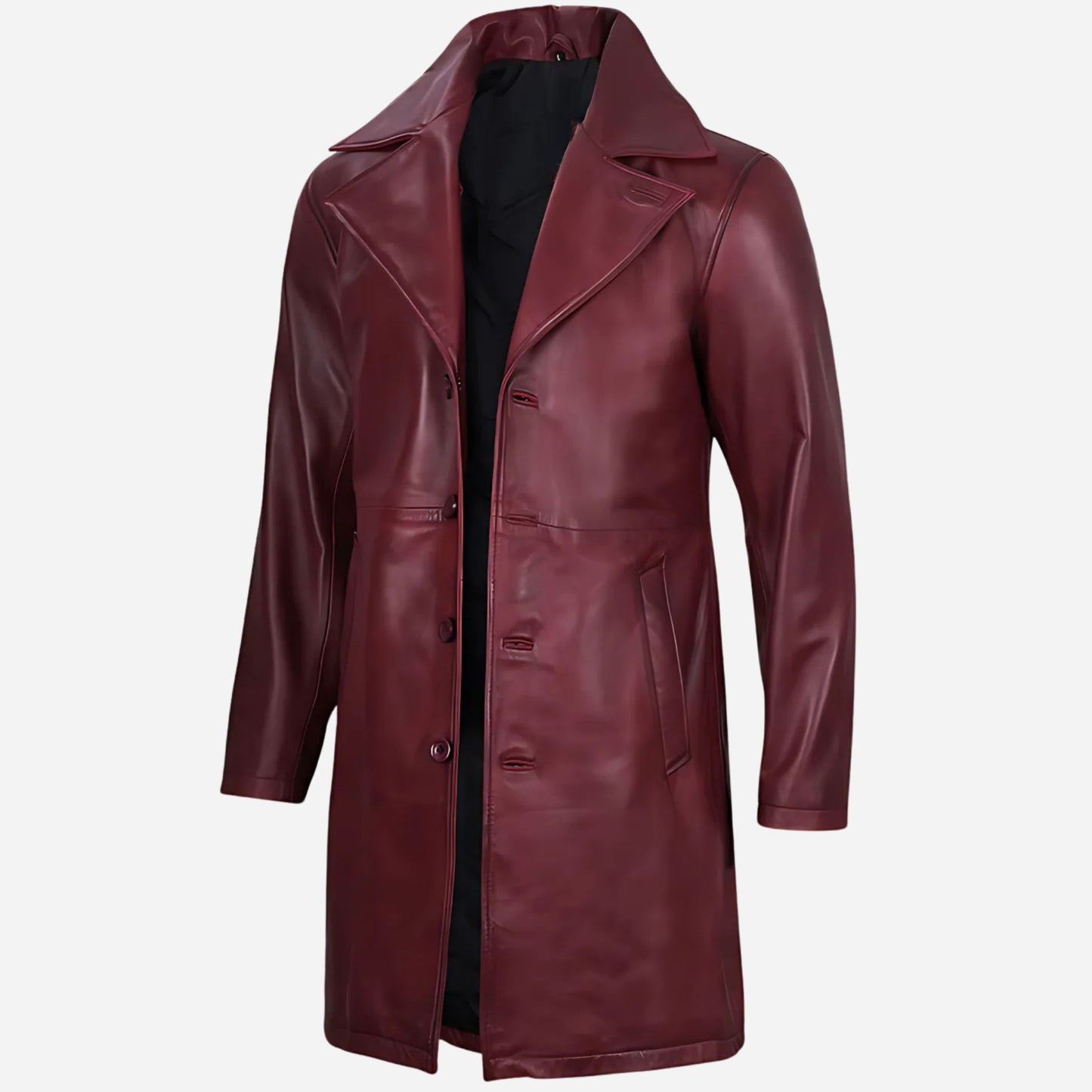 Mens Real Leather 3/4 Length Maroon Coat - Button Down Verified Leather