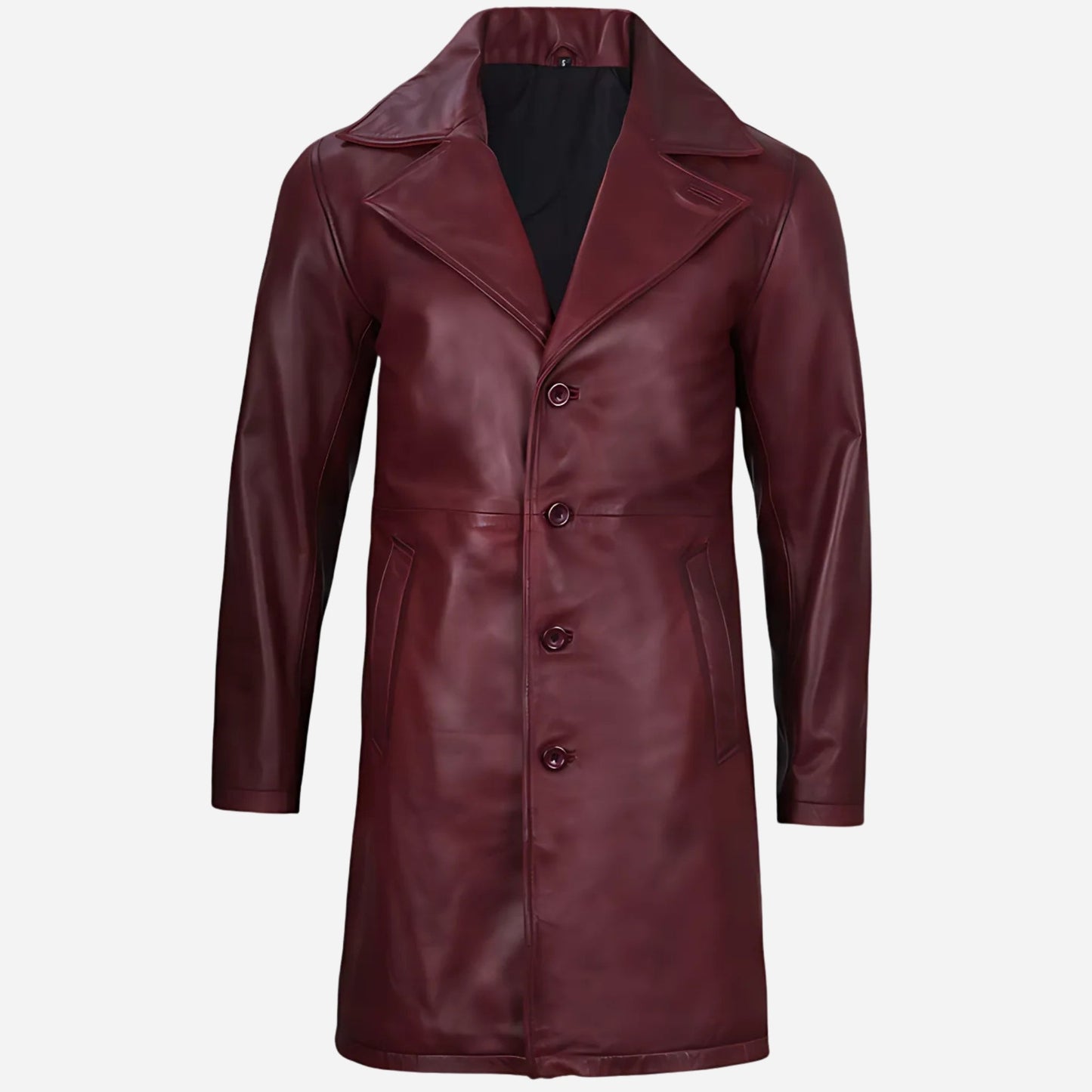 Mens Real Leather 3/4 Length Maroon Coat - Button Down Verified Leather