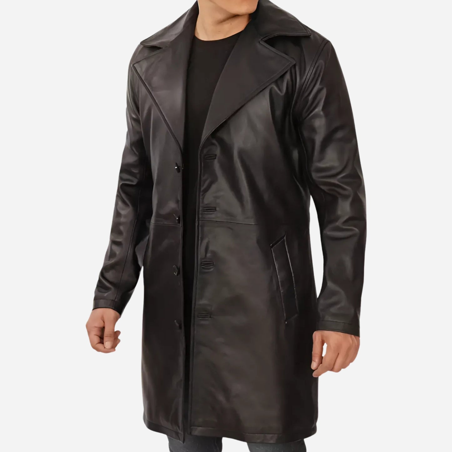 Men's 3/4 Length Black Lambskin Leather Coat