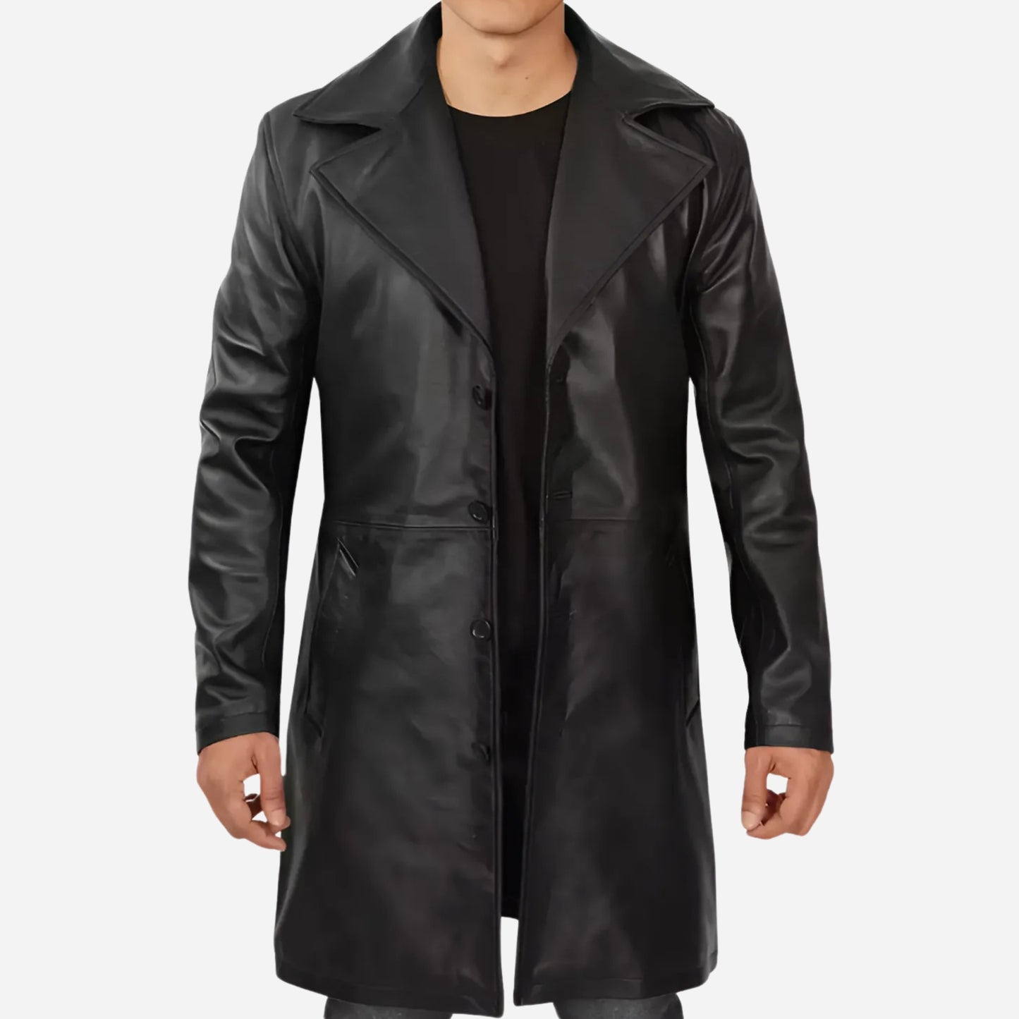 Men's 3/4 Length Black Lambskin Leather Coat