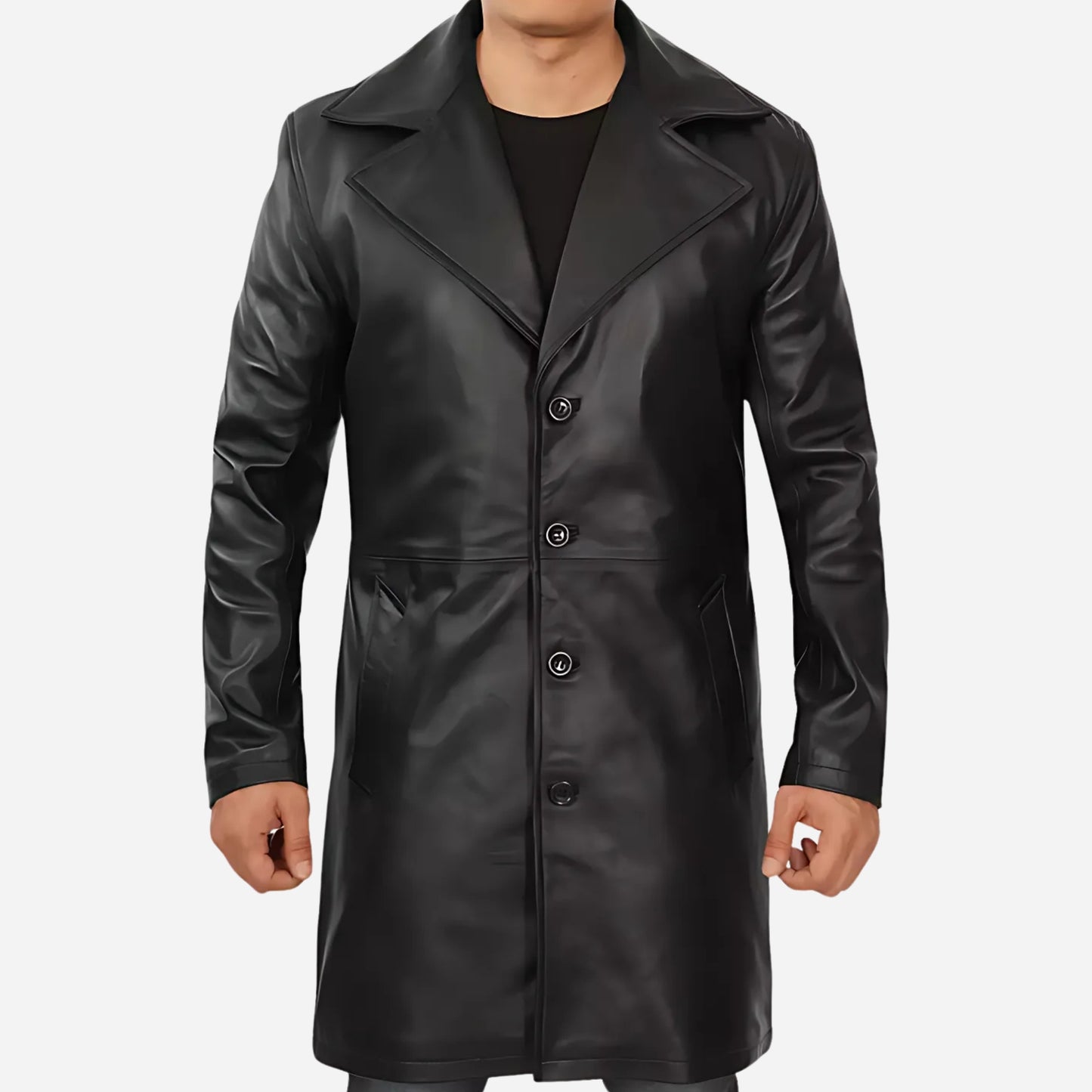 Men's 3/4 Length Black Lambskin Leather Coat
