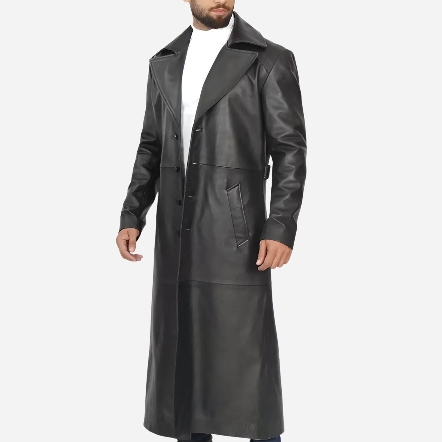 Men's Full-Length Black Leather Coat - Duster Coat Verified Leather