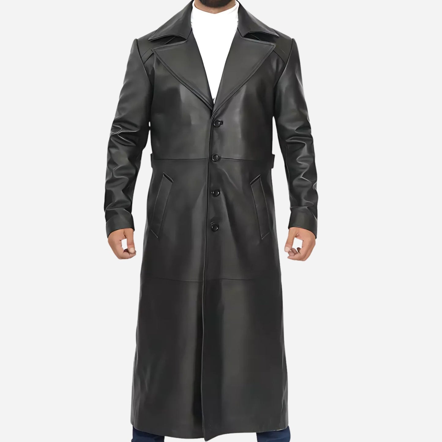 Men's Full-Length Black Leather Coat - Duster Coat Verified Leather