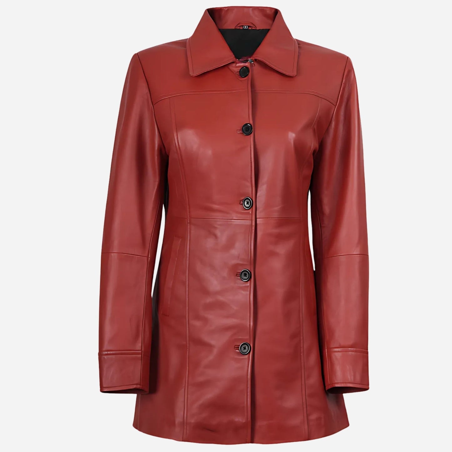 Womens Real Lambskin Leather Red Car Coat Verified Leather