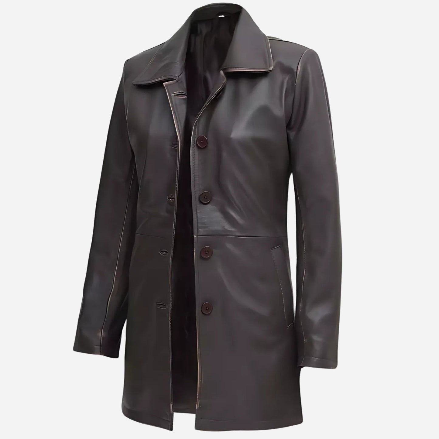 Women's Real Leather Distressed Brown 3/4 Length Coat Verified Leather