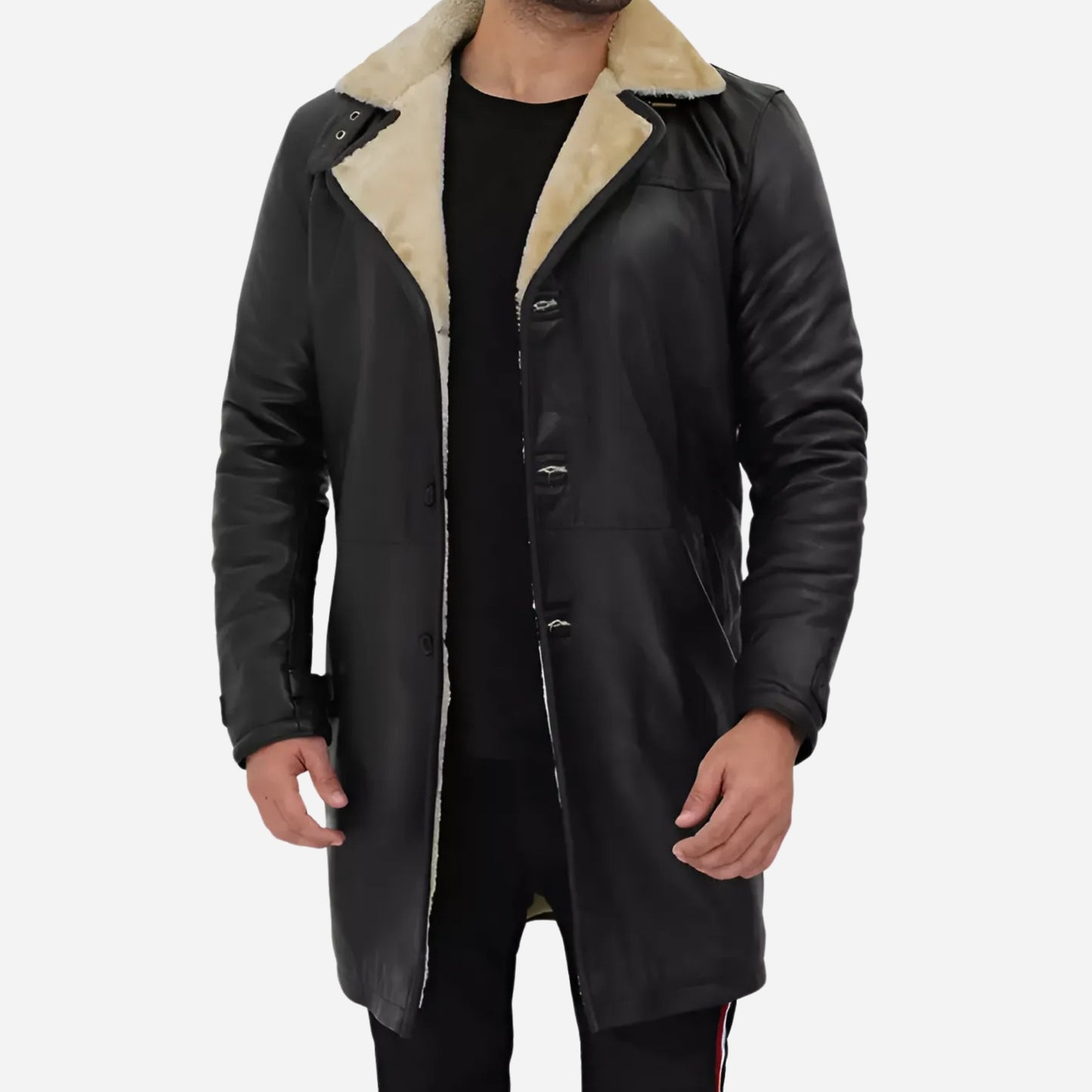 Men's Black 3/4 Length Shearling Leather Coat