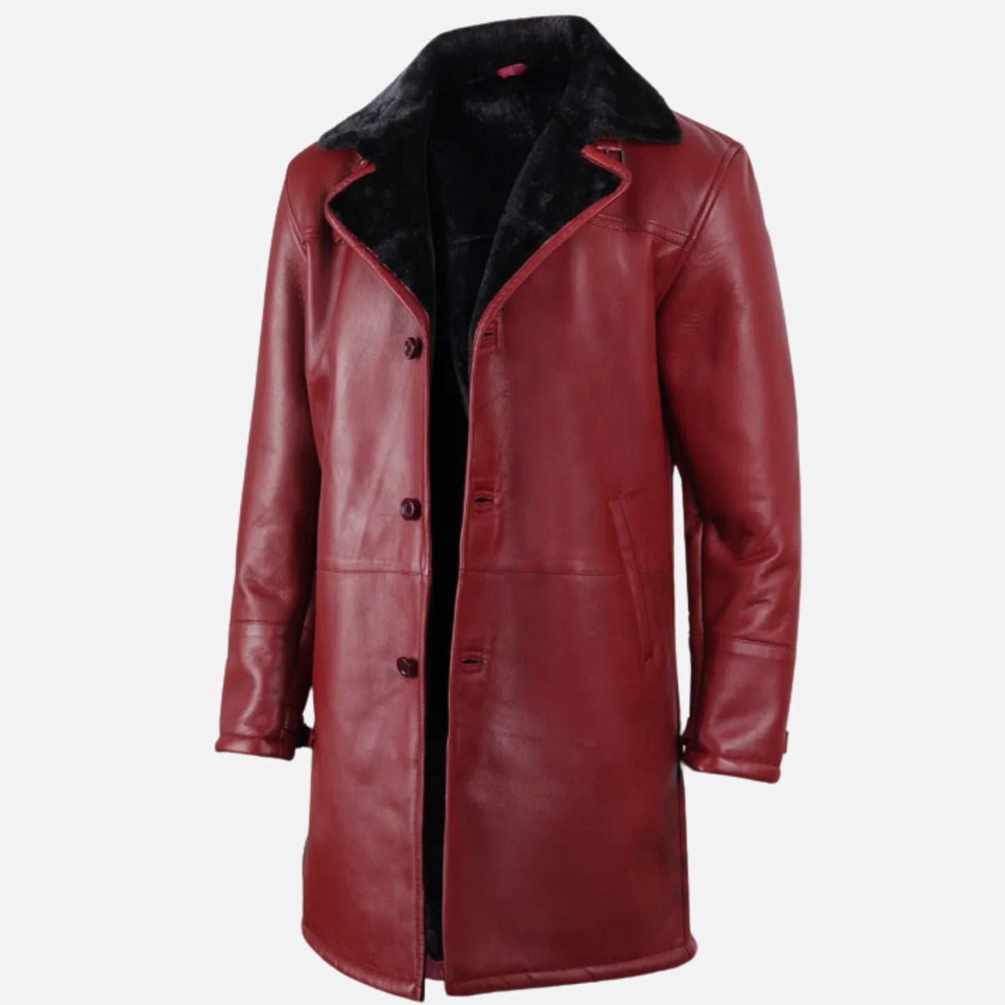 Men's Maroon Leather Coat with Black Shearling Verified Leather