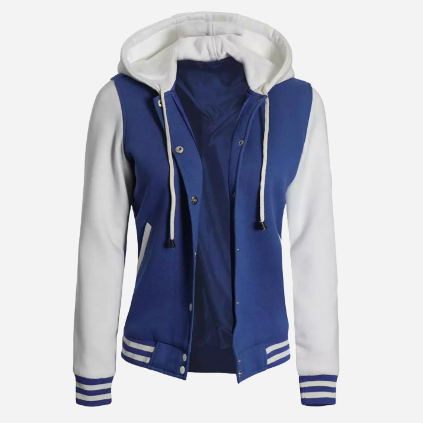 Women's Royal Blue and White Hooded Letterman Jacket Verified Leather