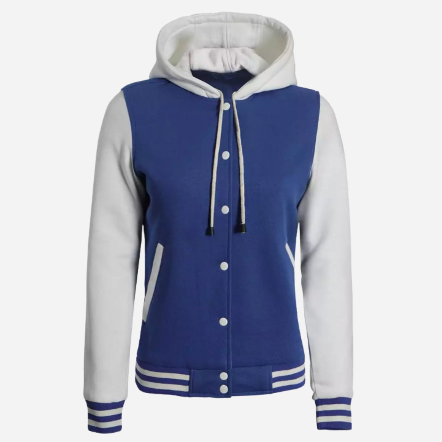 Women's Royal Blue and White Hooded Letterman Jacket Verified Leather