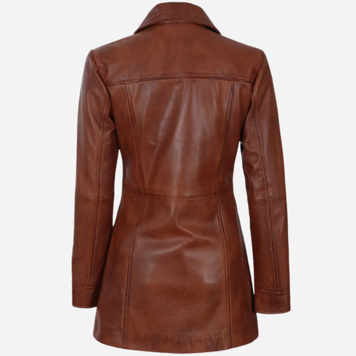 Womens Tall Shirt Collar Cognac Leather Coat - 3/4 Length Coat