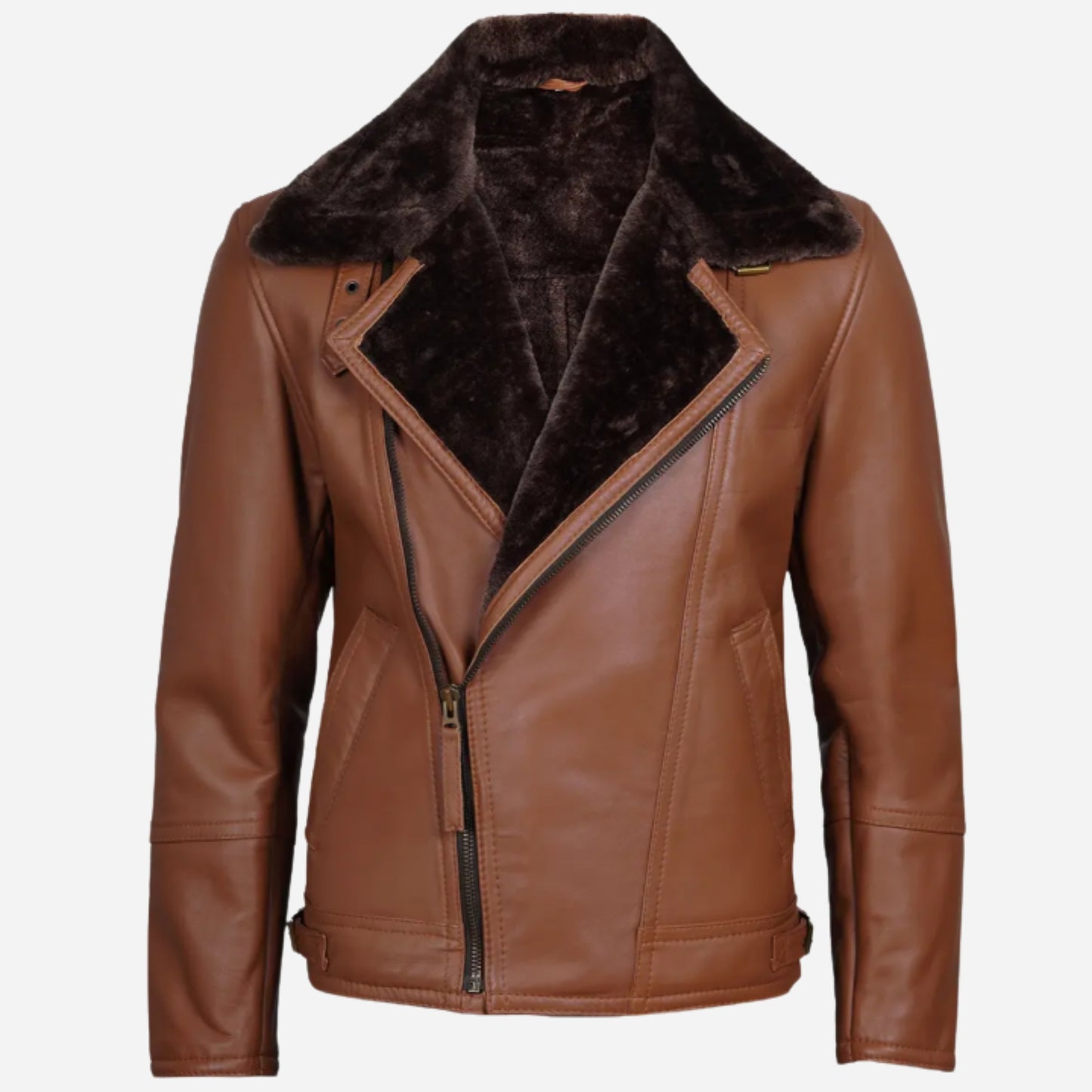 Men's Cognac Leather Shearling Moto Jacket