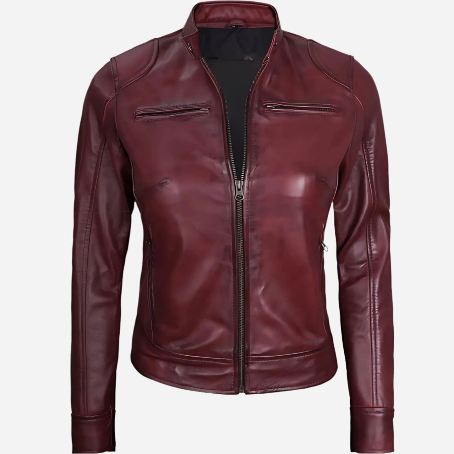Womens Real Leather Burgundy Moto Jacket Verified Leather