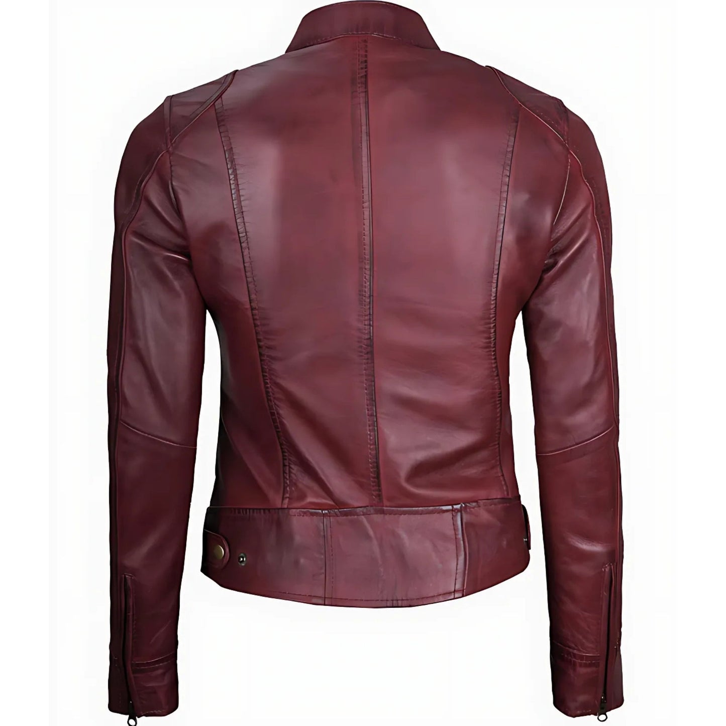 Womens Real Leather Burgundy Moto Jacket Verified Leather