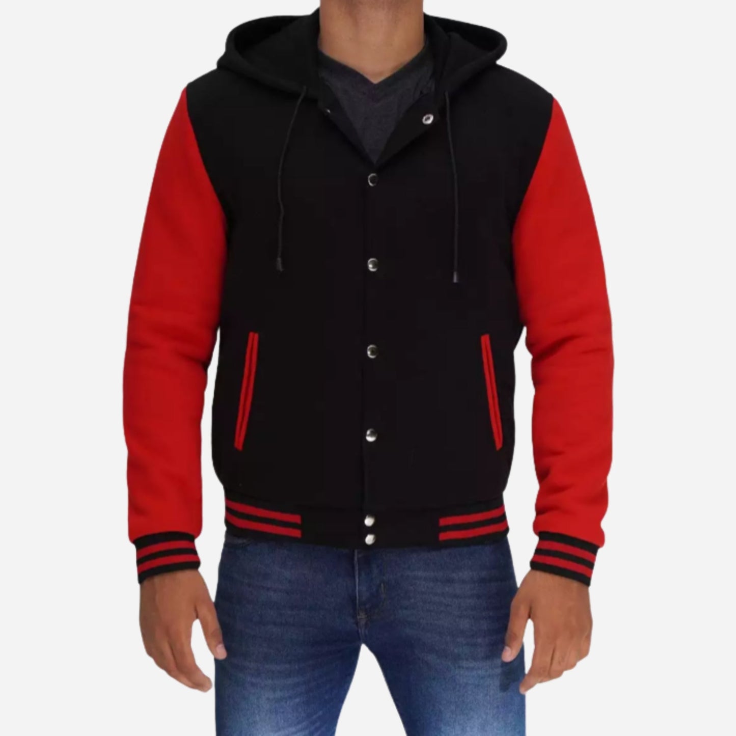 Men’s Black and Red Hooded Varsity Jacket Verified Leather