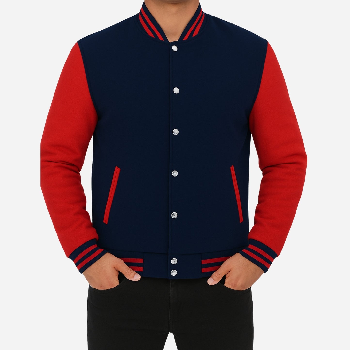 Men’s Red and Navy Blue Varsity Jacket Verified Leather
