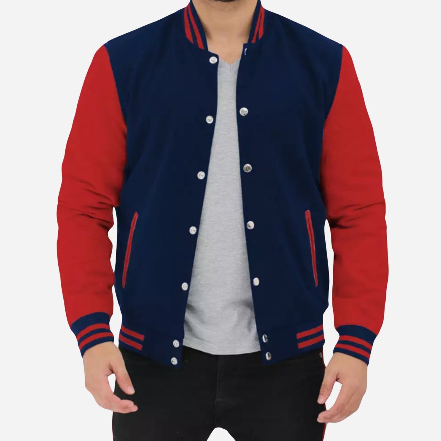 Men’s Red and Navy Blue Varsity Jacket Verified Leather