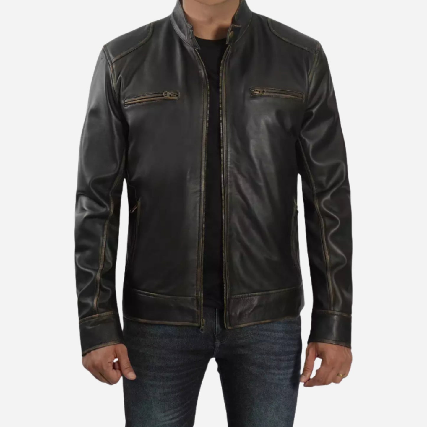 Men's Tall Distressed Brown Cafe Racer Leather Jacket Verified Leather