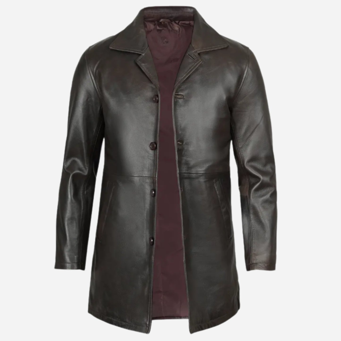 Men's Tall Vintage Dark Brown 3/4 Length Leather Coat