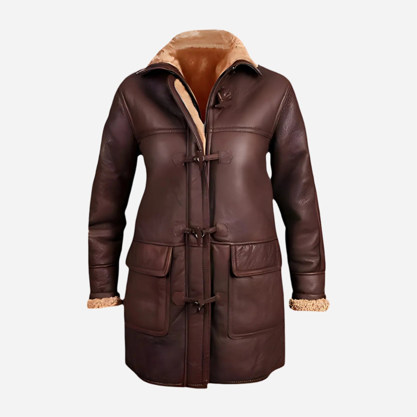 Women Fur Shearling Hooded Leather Duffle Coat Verified Leather