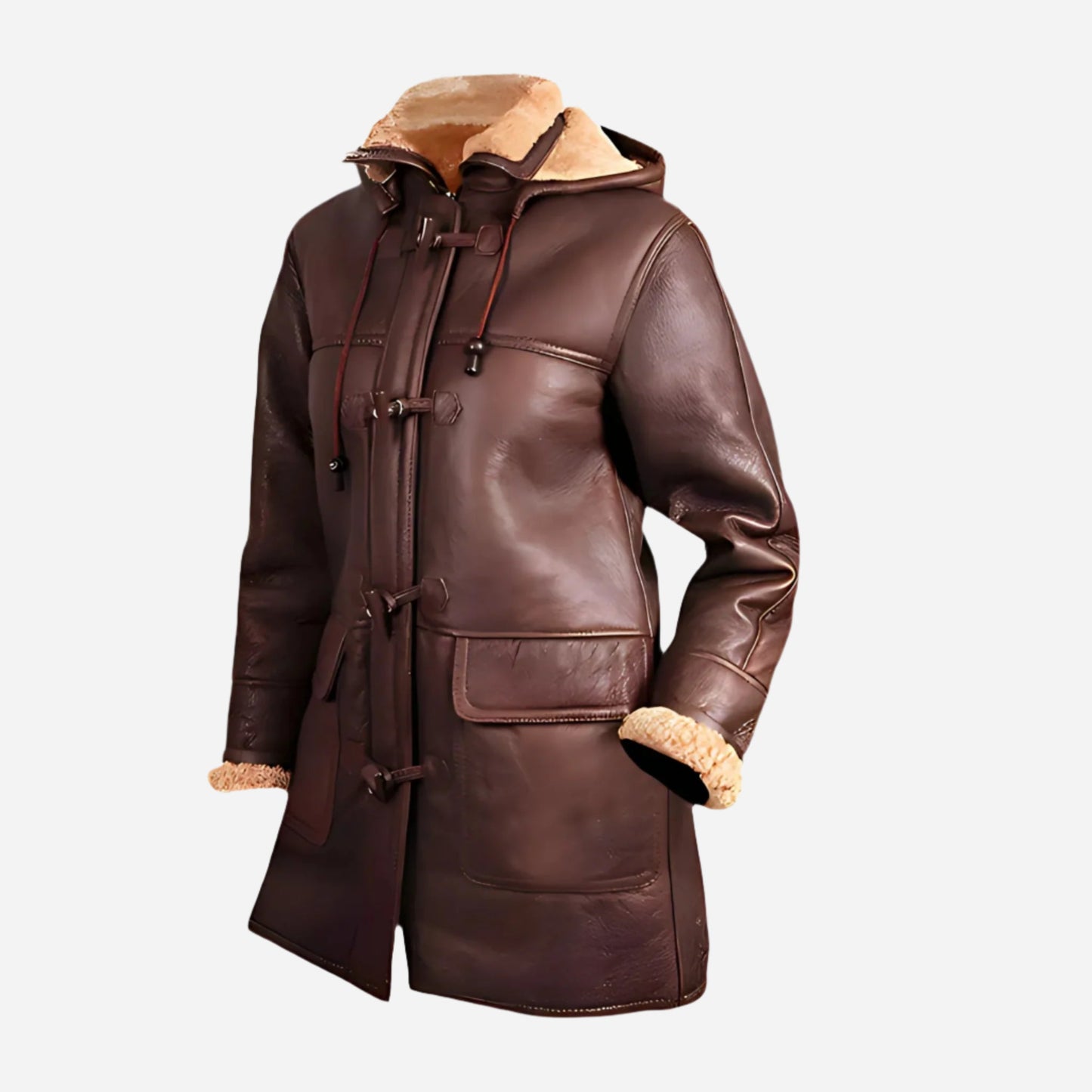 Women Fur Shearling Hooded Leather Duffle Coat Verified Leather