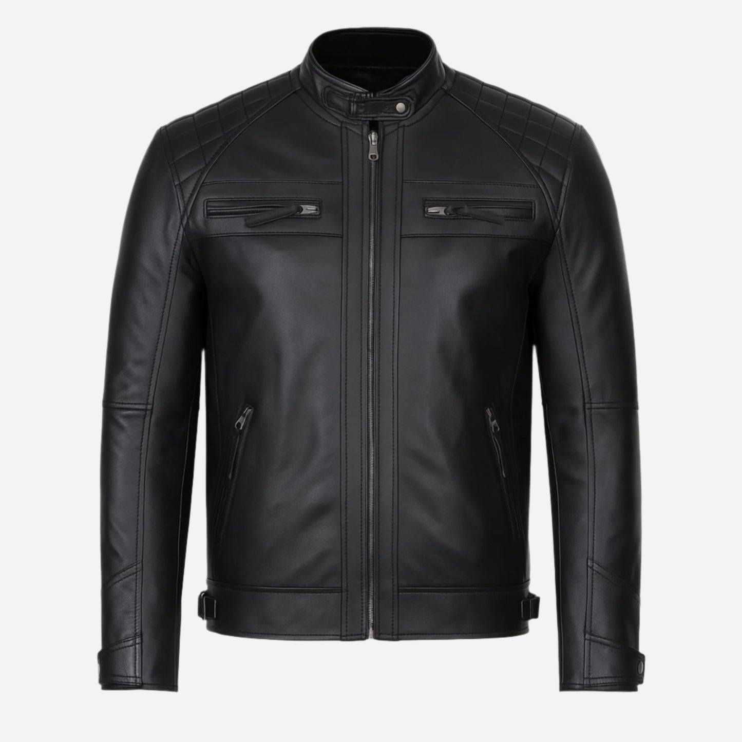 Men's Tall Quilted Shoulder Black Cafe Racer Leather Jacket