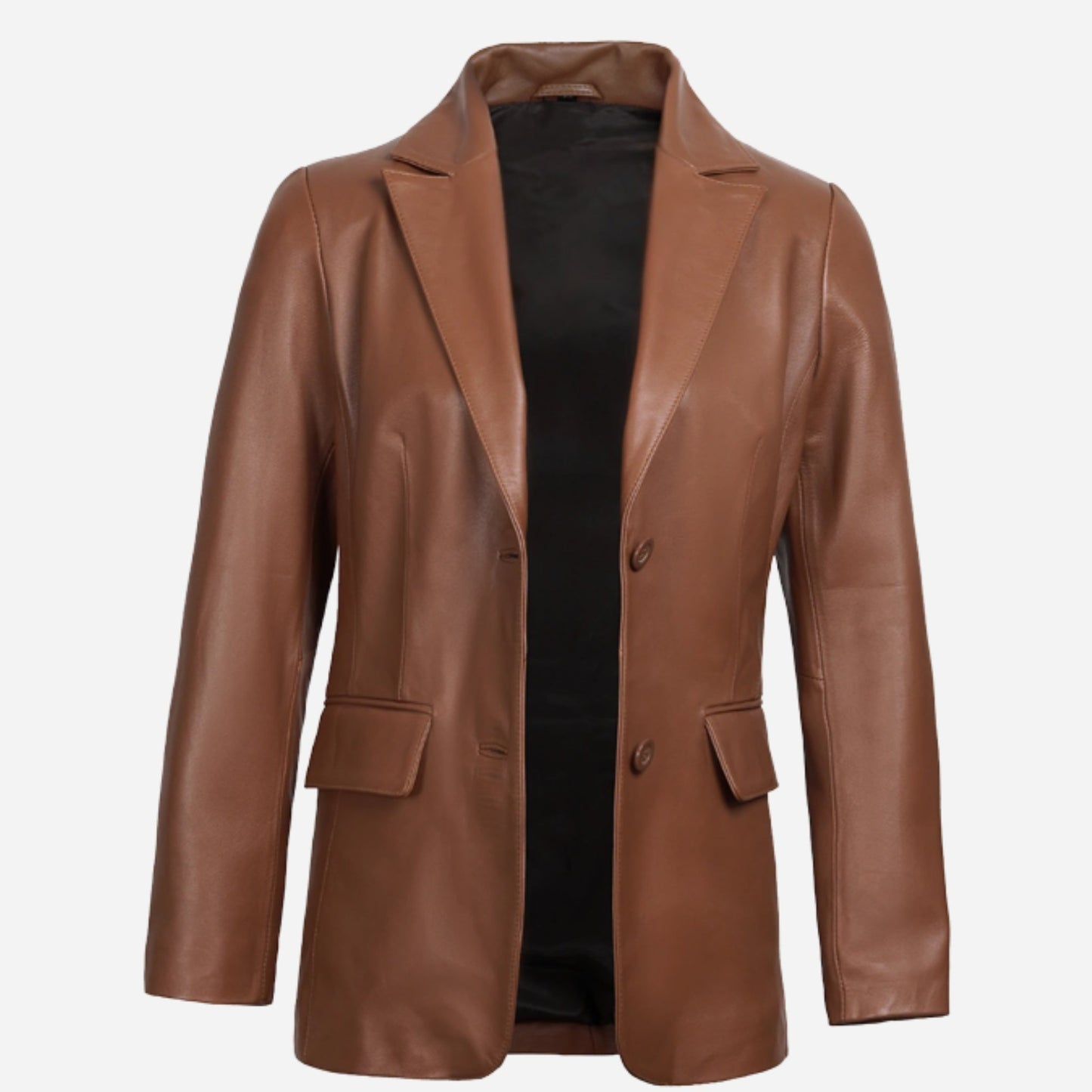 Women's Two Button Classic Cognac Leather Blazer Verified Leather