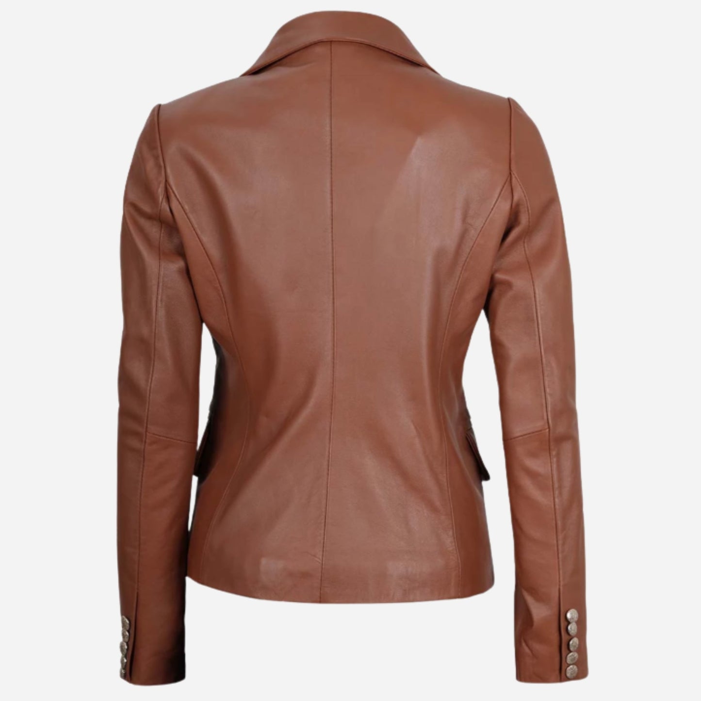 Womens Double Breasted Cognac Leather Blazer Verified Leather