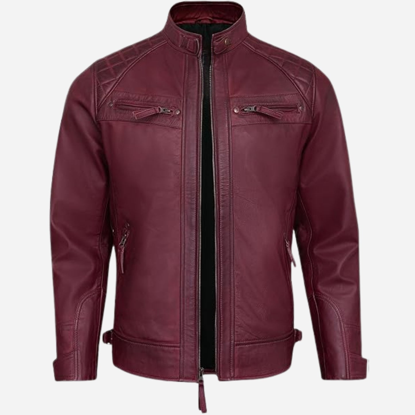 Real Leather Jacket Men - Quilted Motorcycle Style Euro Collar