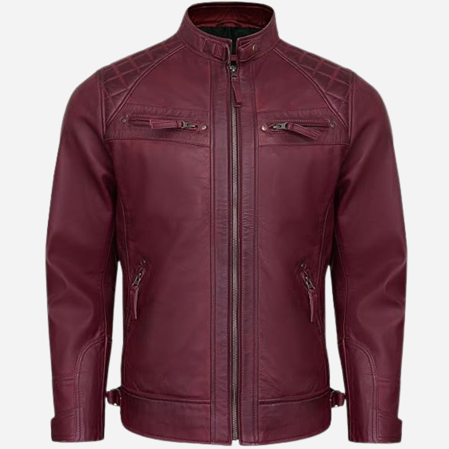 Real Leather Jacket Men - Quilted Motorcycle Style Euro Collar