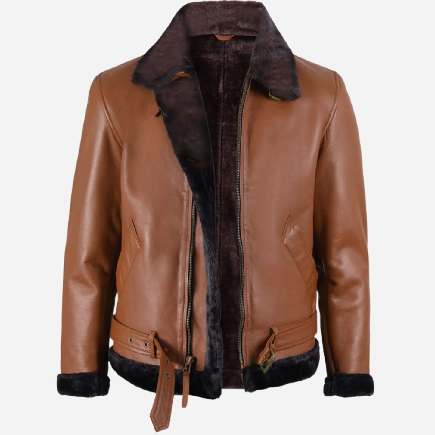 Men's Cognac Leather Shearling Bomber Jacket Shearling collar and cuffs Verified Leather