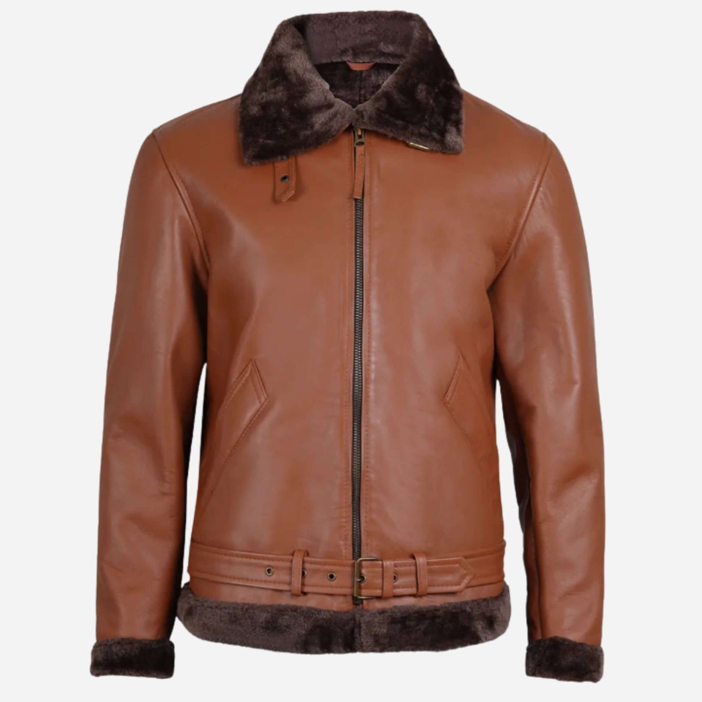 Men's Cognac Leather Shearling Bomber Jacket Shearling collar and cuffs Verified Leather