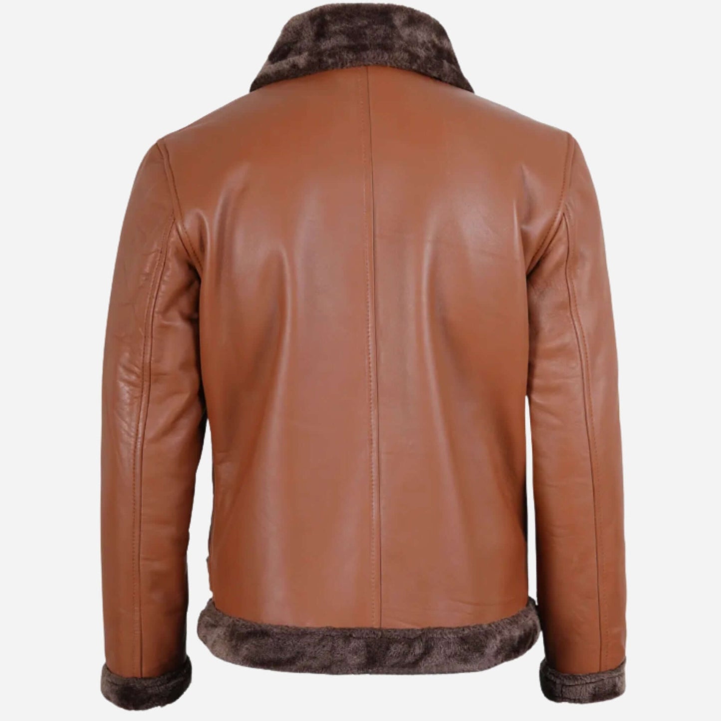 Men's Cognac Leather Shearling Bomber Jacket Shearling collar and cuffs Verified Leather