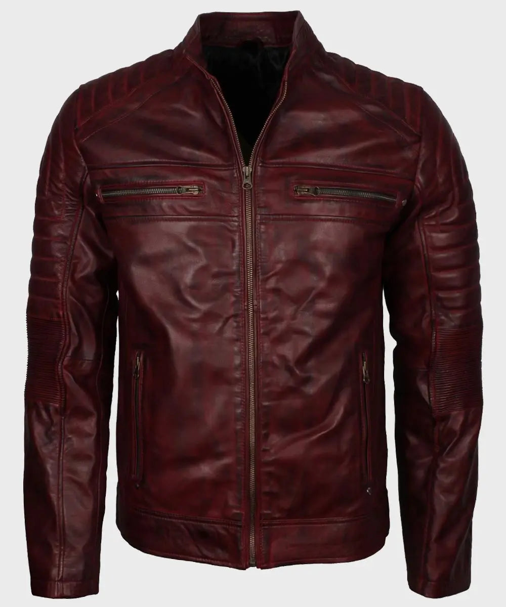 Vintage Cafe Racer Maroon Leather Jacket Verified Leather