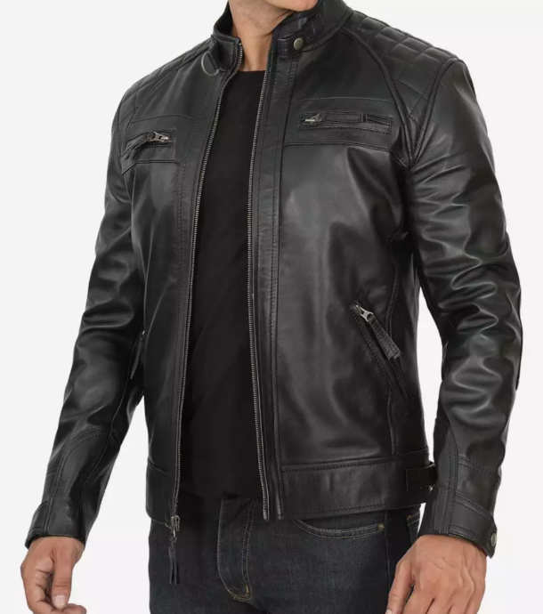 Men's Tall Quilted Shoulder Black Cafe Racer Leather Jacket