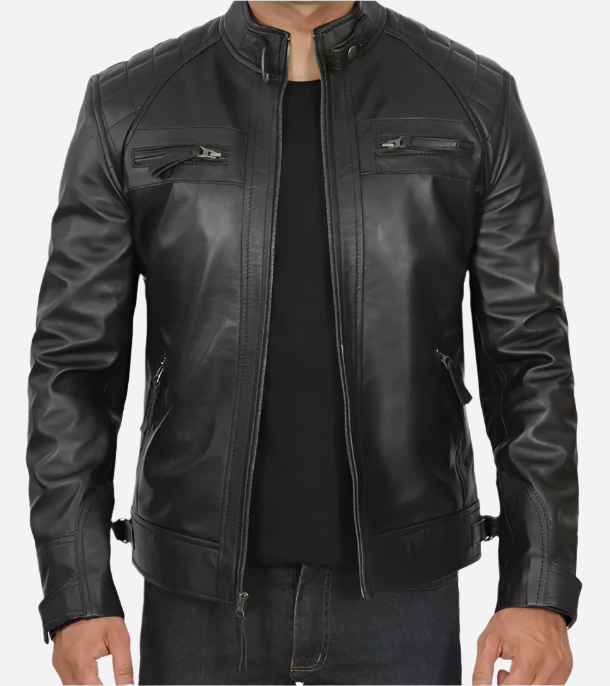 Men's Tall Quilted Shoulder Black Cafe Racer Leather Jacket