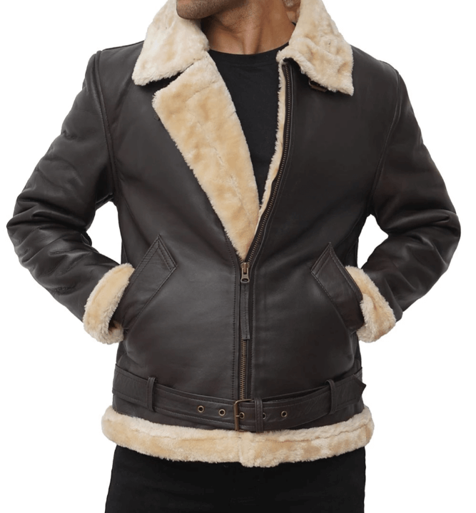 Mens Real Leather Dark Brown Shearling Bomber Jacket Verified Leather