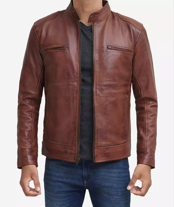 Mens Tall Cognac Leather Cafe Racer Jacket Verified Leather