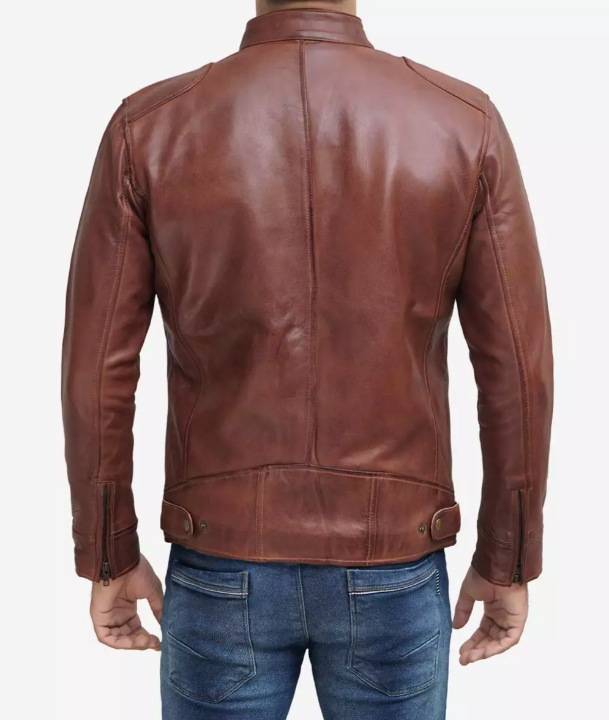 Mens Tall Cognac Leather Cafe Racer Jacket Verified Leather