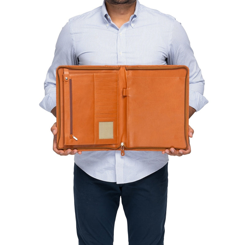 Zip-Up Leather Padfolio - Tan Verified Leather