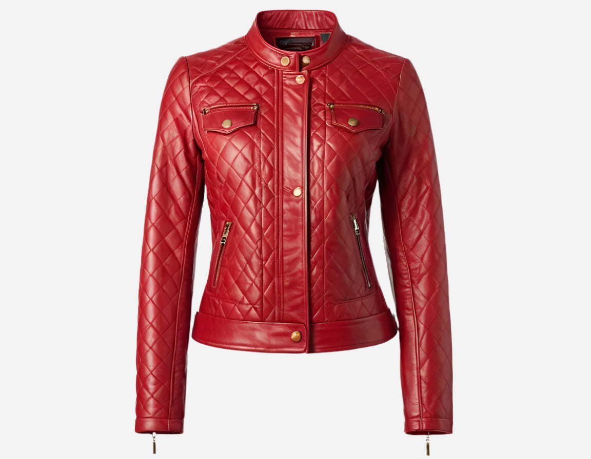 Womens Quilted Red Leather Jacket Verified Leather