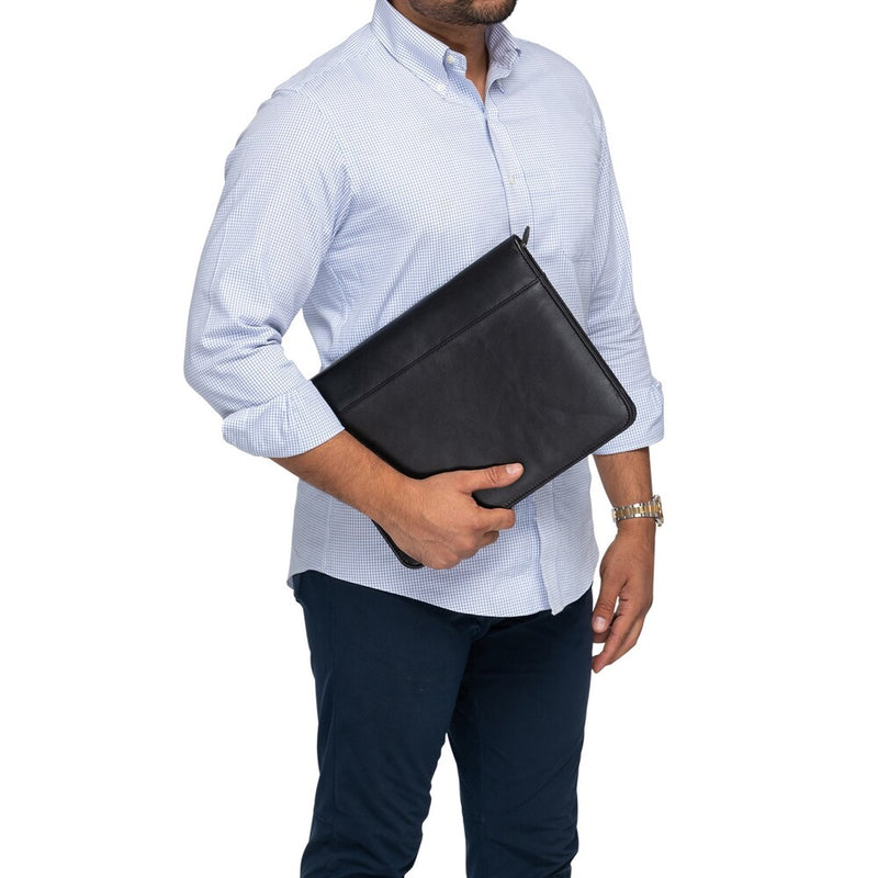 Zip-Up Leather Padfolio - Black
