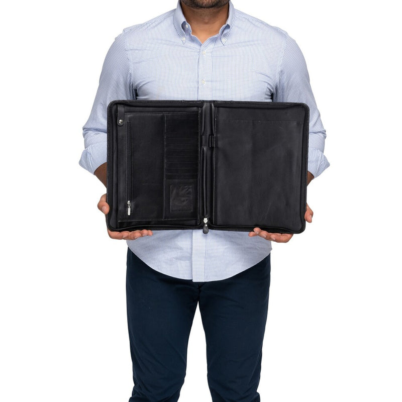 Zip-Up Leather Padfolio - Black