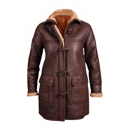 Women Fur Shearling Hooded Leather Duffle Coat