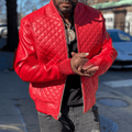 Men Quilted Casual Varsity Red Bomber Leather Jacket