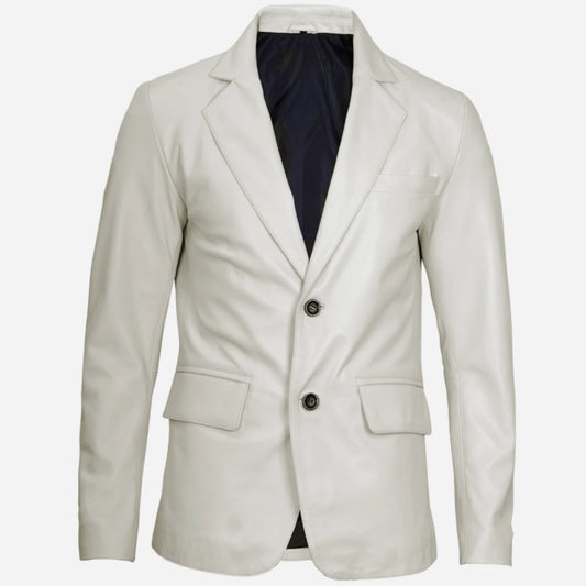 Men's Two Button Notch Lapel Off White Leather Blazer Verified Leather