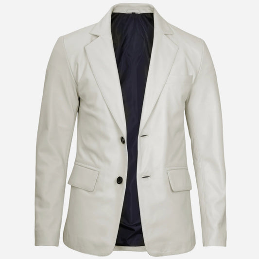 Men's Two Button Notch Lapel Off White Leather Blazer Verified Leather