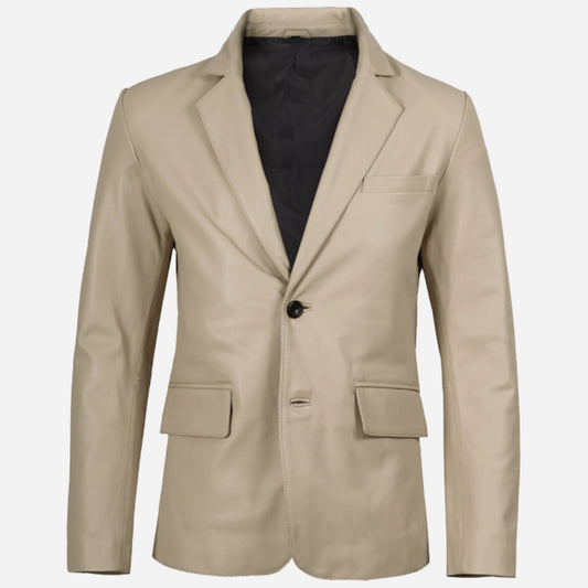 Mens Two Button Beige Leather Blazer Verified Leather