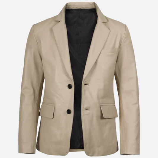 Mens Two Button Beige Leather Blazer Verified Leather