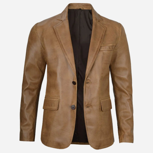 Mens Two Button Camel Brown Leather Blazer Verified Leather